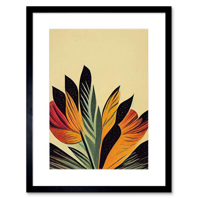 "Abstract Retro Art Nouveau Flowers Bloom Black Gold 9x7"" Black Framed Wall Art Print"