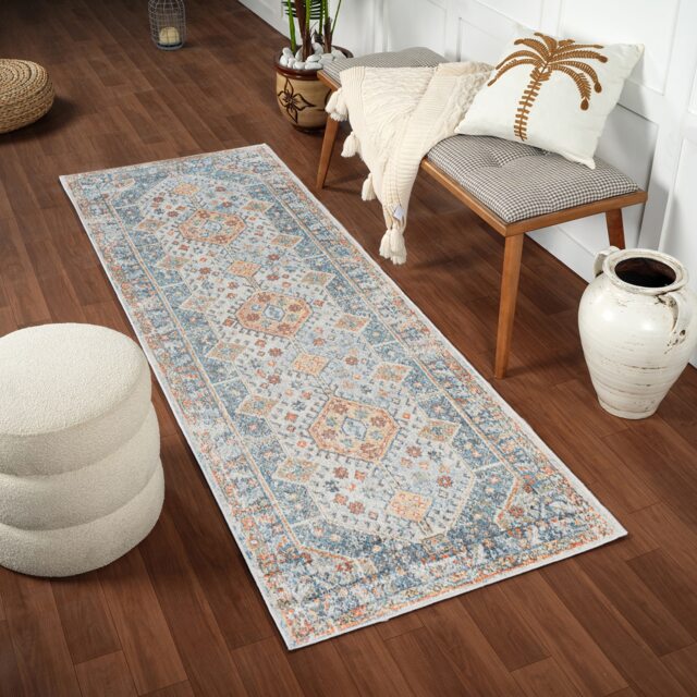 LIVABLISS Lillian-Washable Traditional Vintage Boho Rug 80 x 220 cm Blue Brown