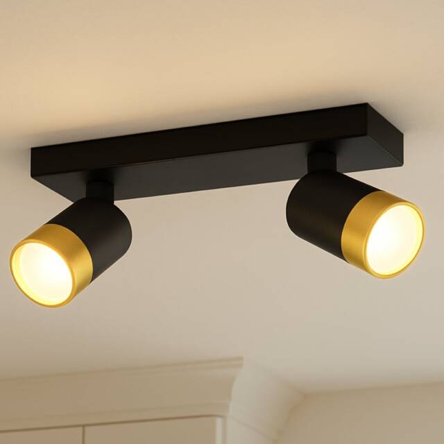 CGC Puzon Black & Gold Adjustable Twin GU10 Ceiling Spotlight Black Black & Gold Height: 16 cm, Width: 25 cm, Depth: 7.4 cm