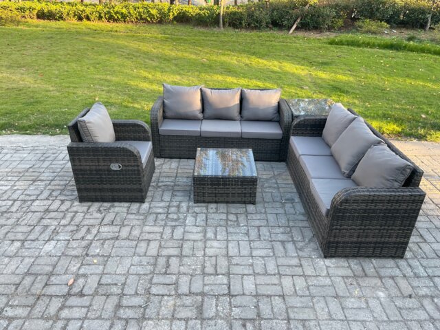 Fimous Outdoor Rattan Garden Furniture Set Conservatory Patio Sofa Coffee Table With Reclining Chair Side Table Dark Grey Mixed