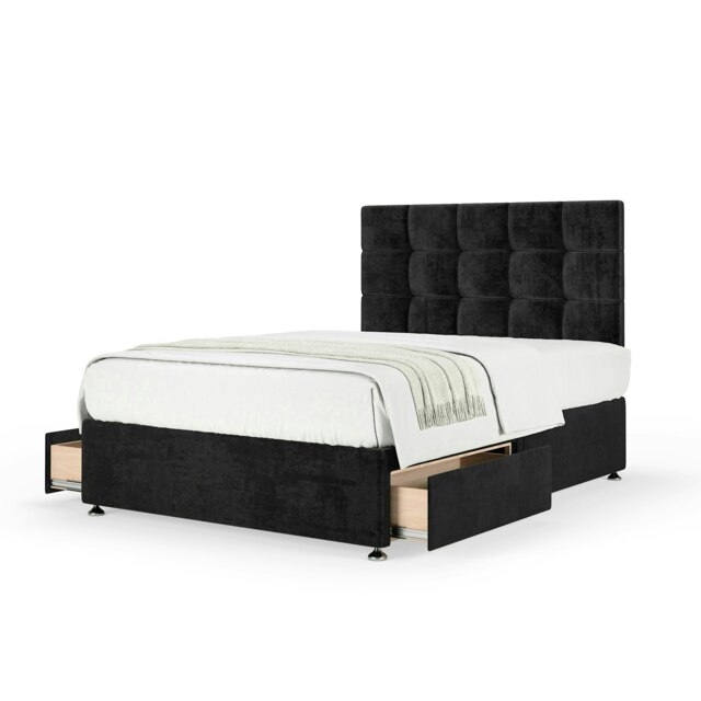 Majestic 1000 Pocket Sprung Black Naples Velvet 2 Drawer Divan Set And Pearl Headboard Single