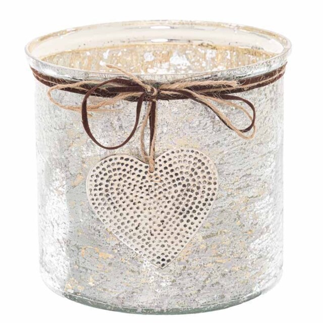 Mercury Hammered Heart Large Candle Holder - Glass - L16 x W16 x H15 cm White