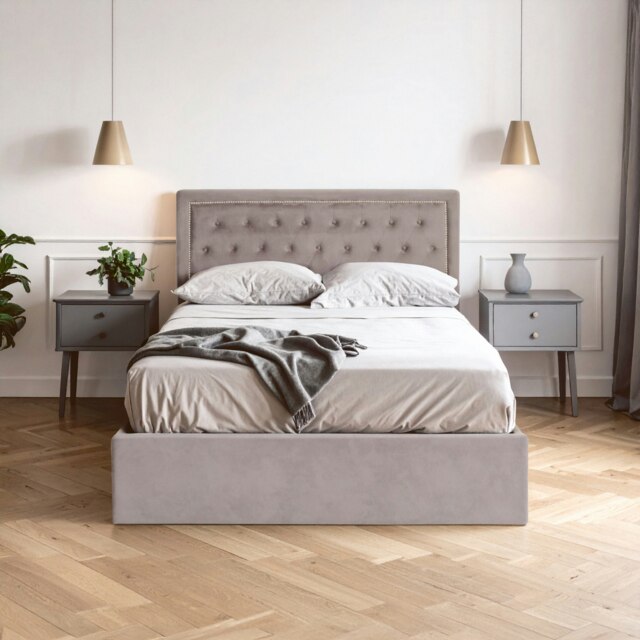Orsina Elegant Steel Velvet Double Bed, Minimalist Double Bed For Bedroom, Velvet Upholstered Stud Detail Bed