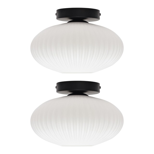 Set of 2 Baton - White Ribbed Oval Glass Black Ceiling Lights