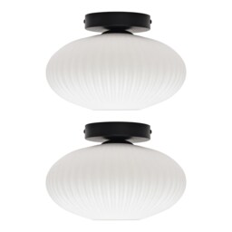 Set of 2 Baton - White Ribbed Oval Glass Black Ceiling Lights