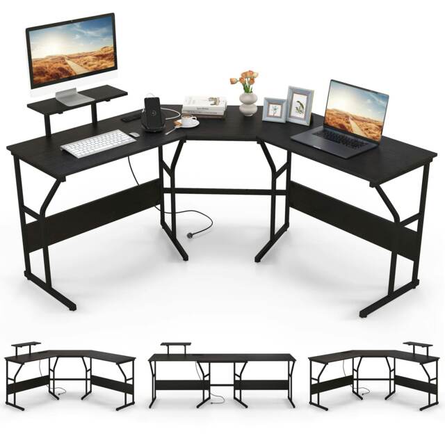 COSTWAY L-shaped Desk Corner Computer Workstation Black Black