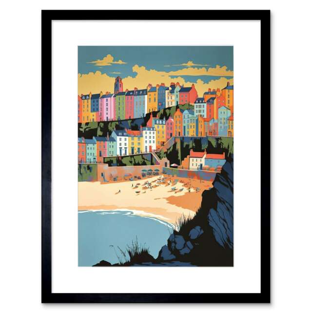 "Tenby Castle Beach Coastal Town Summer Wales 9x7"" Black Framed Wall Art Print"
