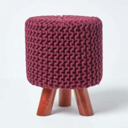 Homescapes Plum Tall Cotton Knitted Footstool on Legs