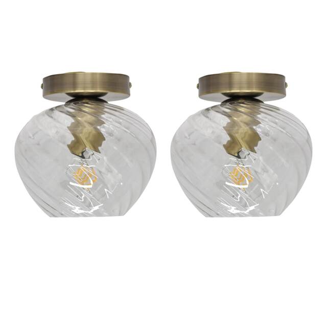 Set of 2 Bradson - Clear Swirl Glass Antique Brass Ceiling Lights