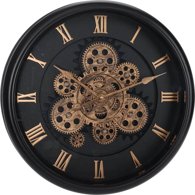 JSH 40.5cm Black & Gold Gears Wall Clock Steampunk Style with Silent Movement