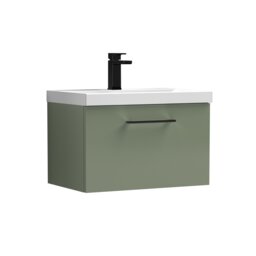 Balterley Wall Hung Bathroom 1 Drawer Vanity Unit and 1 Tap Hole Ceramic Basin, with Handle Green Satin Green