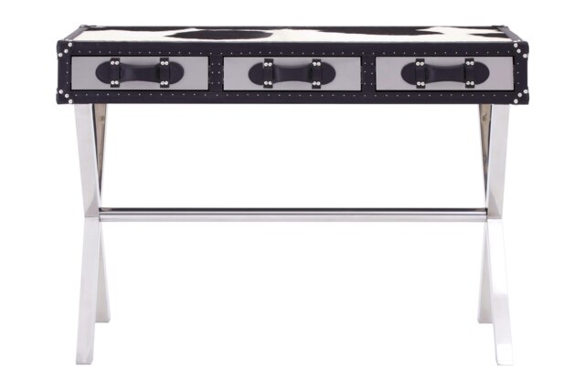 Black & White Genuine Cowhide Console Table,3 Drawer Table With Crossed Legs,Table With Leather Handles Black