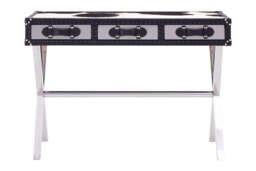 Black & White Genuine Cowhide Console Table,3 Drawer Table With Crossed Legs,Table With Leather Handles Black