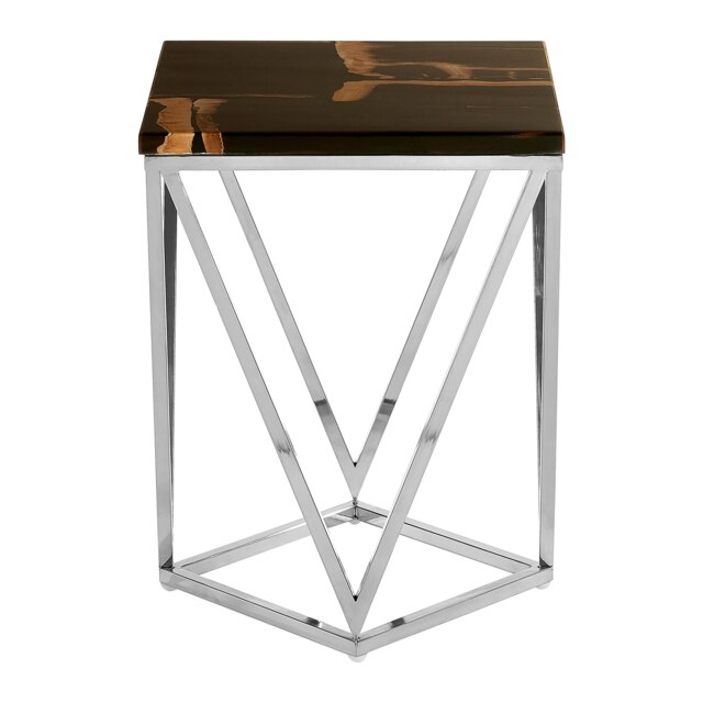 Stainless Steel Base Dark Petrified Wood Side Table, Wooden Top Small Bedside Table, Rustic Side Table Cream
