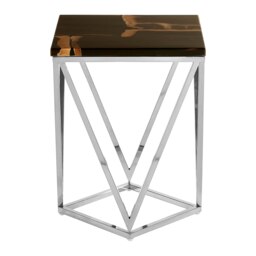 Stainless Steel Base Dark Petrified Wood Side Table, Wooden Top Small Bedside Table, Rustic Side Table Cream
