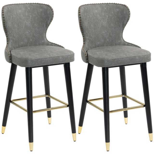 HOMCOM Bar Stools Set of 2, PU Leather Barstools with Backrest, Footrest and Solid Wood Legs, Dining Stools for Kitchen, Counter, Breakfast Bar, Grey