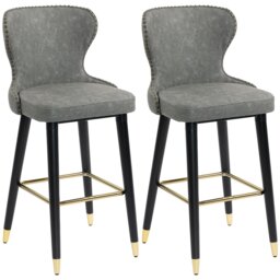 HOMCOM Bar Stools Set of 2, PU Leather Barstools with Backrest, Footrest and Solid Wood Legs, Dining Stools for Kitchen, Counter, Breakfast Bar, Grey