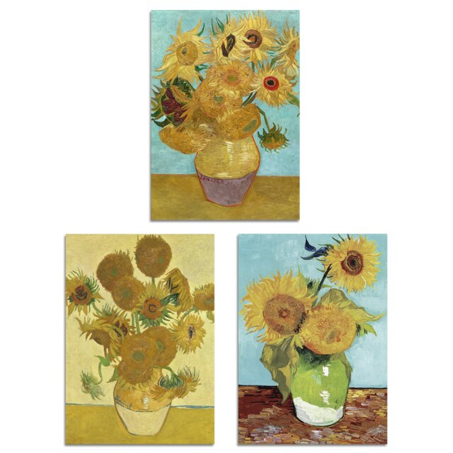 Set of 3 Van Gogh Sunflowers Yellow Orange Classic A4 Wall Art Prints Yellow