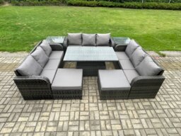 Fimous 11 Seater Garden Dining Sets Outdoor Rattan Furniture Lounge Sofa Height Adjustable Rising lifting Table With 2 Side Tables 2 Big Footstool Dark Grey Mixed