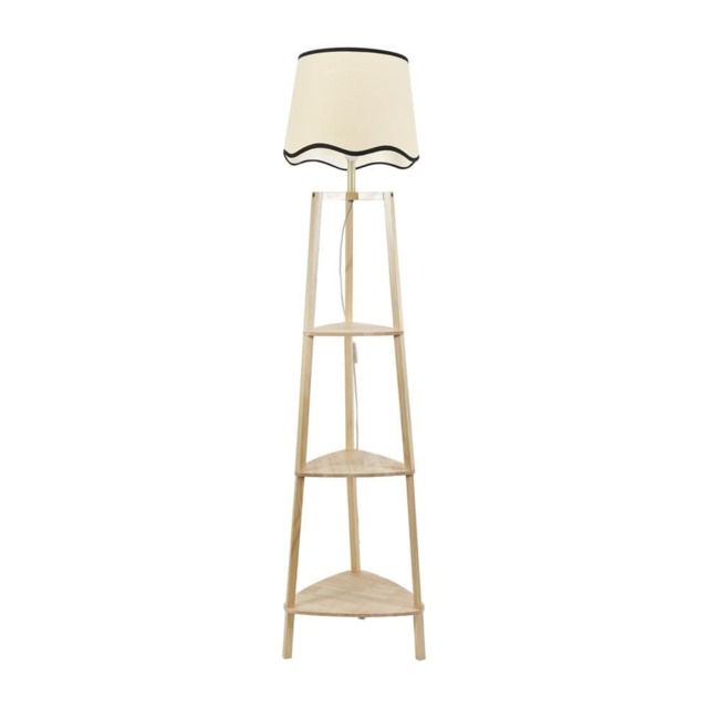 ValueLights Hiru Natural 3 Tier Shelf Floor Lamp Black Trim Scallop Shade and Bulb