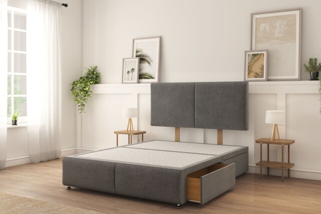 "Sloomy Vienna Graphite Tweed Divan Bed Base 4 Drawers With 26"" Strutted Headboard & 12"" Footboard 4'6 Double"