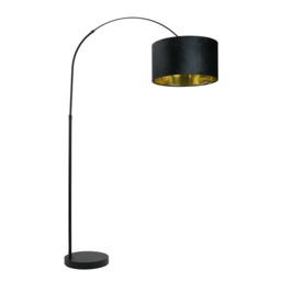 ValueLights Louis Black Arched Floor Lamp Black Velvet Drum Metallic Gold Shade