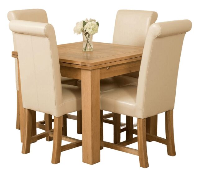 Richmond 90-150cm Oak Extending Dining Table & 4 Washington Leather Chairs Cream Cream