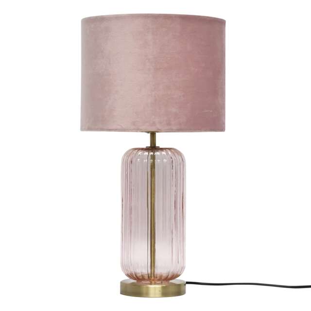 Walpole - Blush Glass and Antique Brass Table Lamp with Pink Shade Yellow Antique brass plate with blush pink glass detail and pink velvet 1