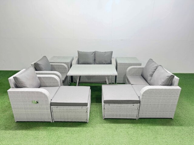 Fimous 8 Seater Rattan Garden Furniture Set Outdoor Love Sofa Set with Rectangular Dining Table 2 Side Tables 2 Big Footstools Light Grey