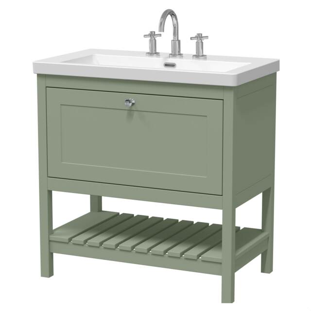 Balterley Coppenhall Contemporary 1 Drawer Floor Standing Vanity Unit with Fireclay Basin, Fern Green, 800mm