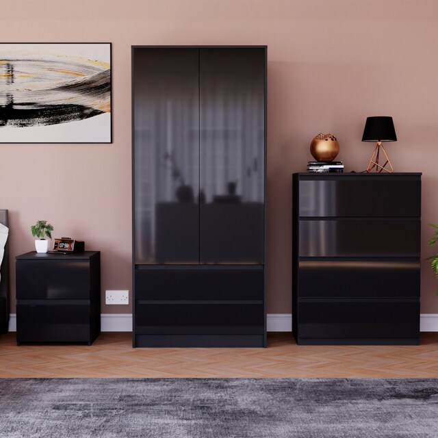 Vida Designs Glinton 3 Piece FSC Certified Bedroom Set (2 Drawer Bedside Chest, 4 Drawer Chest, 2 Door 2 Drawer Wardrobe), Black Black Black L 3