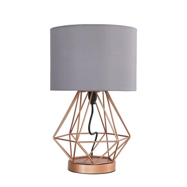 ValueLights Melrose Copper Metal Basket Cage Touch Table Lamp Grey Shade