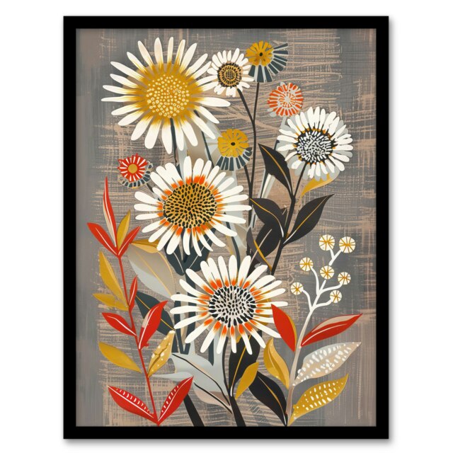 Rustic Wildflower Floral Autumn Folk Art Home Decor Black Framed Wall Art Print A4