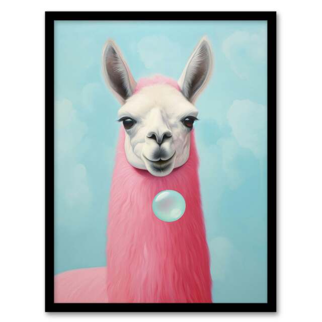 Bubbles Pastel Colour Pink Quirky Llama Home Decor Black Framed Wall Art Print A4