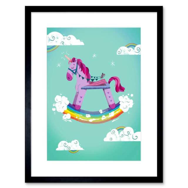 "Rocking Unicorn Rainbow Cartoon Girl Kids Bedroom 9x7"" Black Framed Wall Art Print"