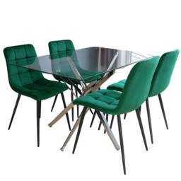 Dining Table and 4 Chairs Rectangle Glass Table 4 Green Velvet Chairs Dining Set