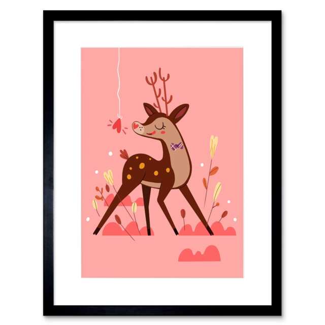 "Cute Bow Tie Deer Stag Love Cartoon Kids Bedroom 9x7"" Black Framed Wall Art Print"