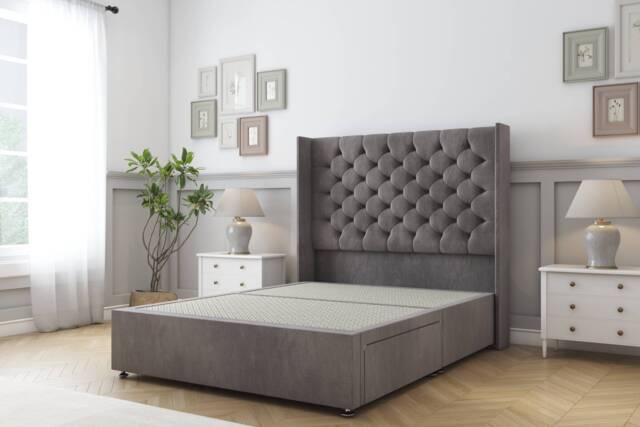 Sloomy Dior Slate Naples Divan Bed Base No Drawers With 54 Inch Wingback Headboard Grey Slate Double 1