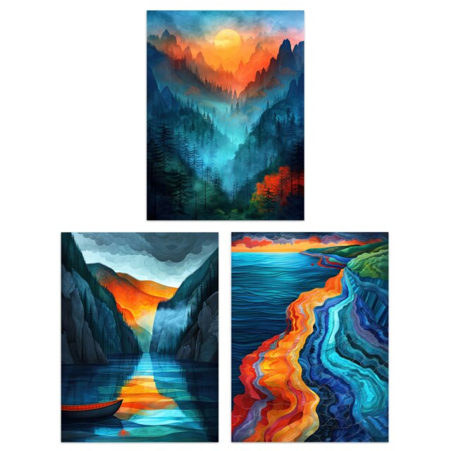 Set of 3 Vibrant Sunset Mountain Landscapes Living Room 12X16 Inch Wall Art Prints Pack