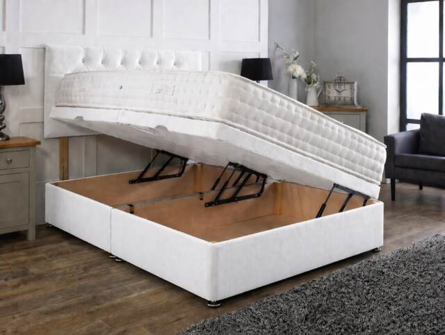 Side Lift 4ft6 Double White Plush Ottoman Bed With Headboard and Mattress