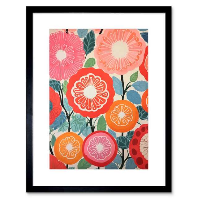 "Bright Floral Pomegranate Tree Flower Blooms 9x7"" Black Framed Wall Art Print"