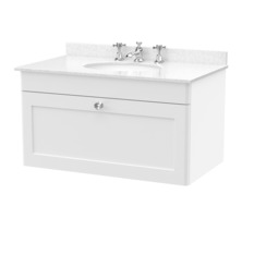 Balterley Swynnerton Traditional 1 Drawer Wall Hung Vanity Unit with Marble Basin, Satin White, 800mm