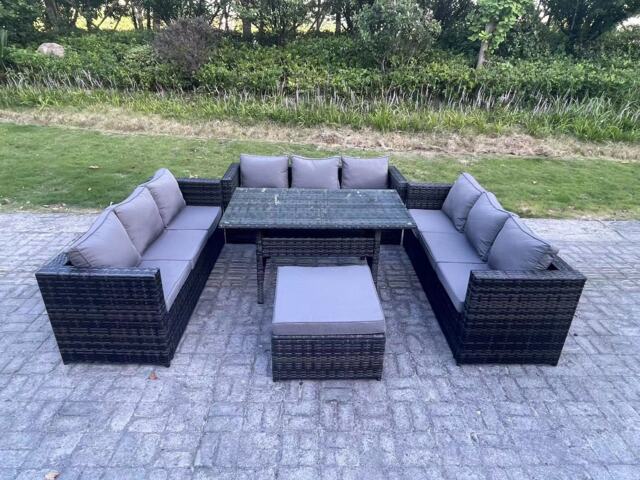 Fimous Outdoor Wicker Garden Furniture Rattan Lounge Sofa Set Patio Rectangular Dining Table with Big Footstool 10 Seater Dark Grey Mixed