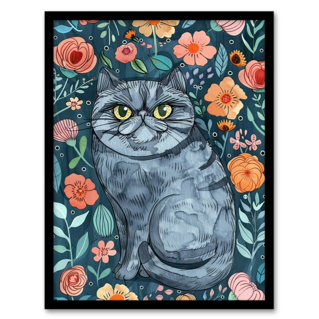 Grumpy Blue Exotic Shorthair Cat Floral Portrait Black Framed Wall Art Print A4