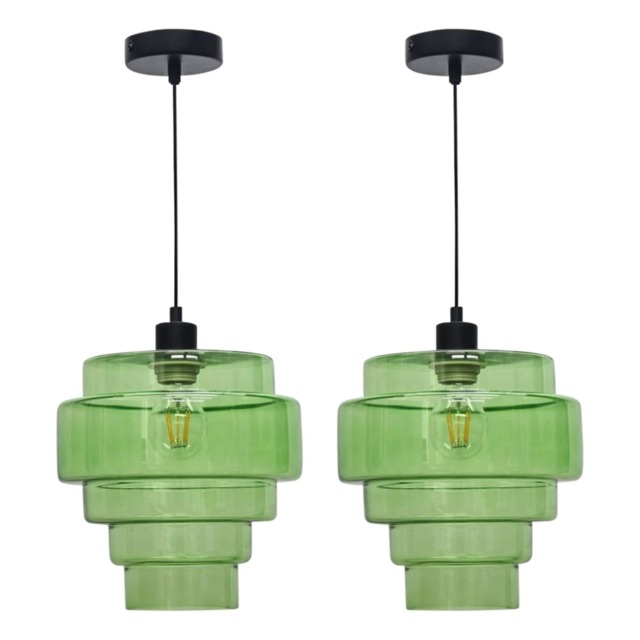 Set of 2 Benson - 5 Tier Green Glass & Black Ceiling Pendant Lights
