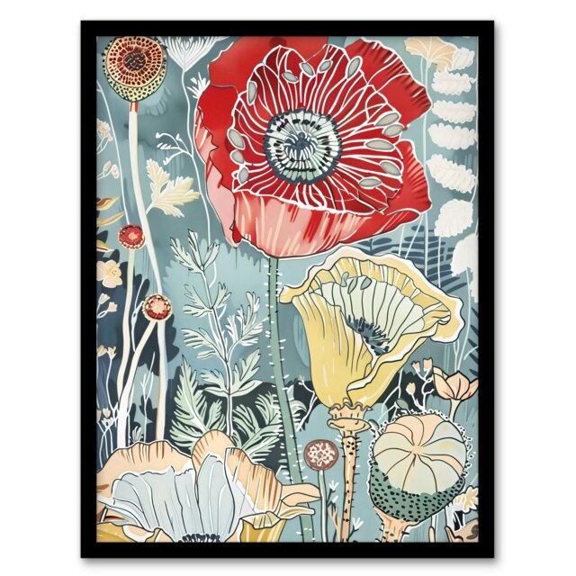 Stylised Poppy Flowers Pastel Colour Black Framed Wall Art Print A4