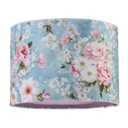 Vintage Chic Sky Blue Velvet Lamp Shade with Pink and White Flowers