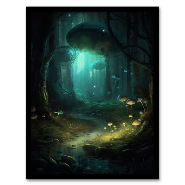 Enchanted Forest Bioluminescent Mushrooms Oil Black Framed Wall Art Print A4