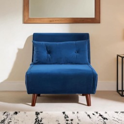 Single Sofa Bed Folding Chair Velvet Wooden Legs One Pillow Blue One Size