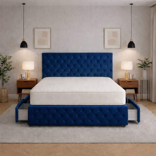 Chesterfield blue 4ft6 double divan bed with footboard and headboard set No Drawers